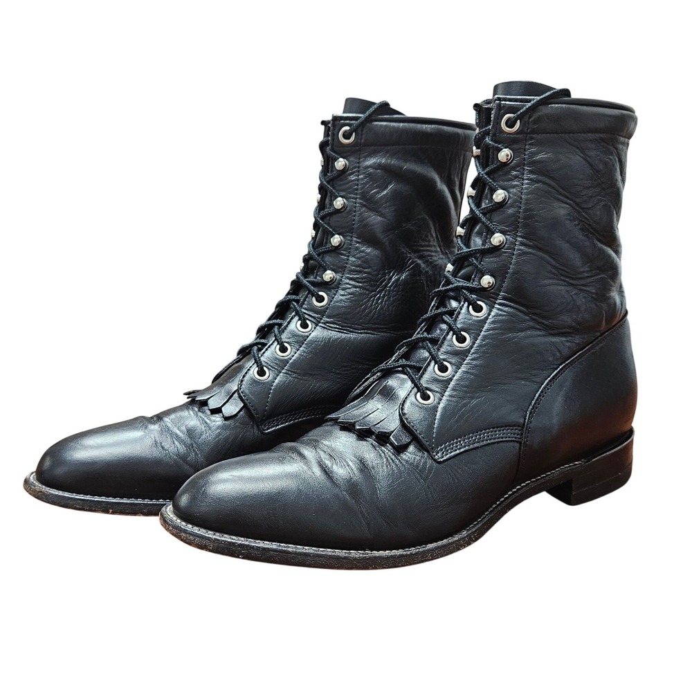 Justin 68055 Mens 12B Narrow Black Leather Lace Up Kiltie Vintage Boots USA